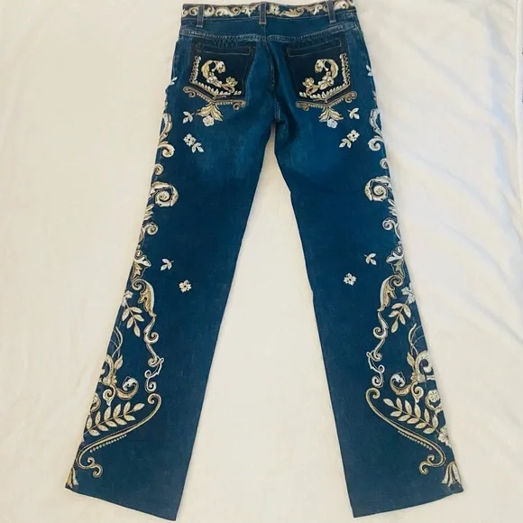 Y2K Roberto Cavalli RARE Metallic Embroidered Floral Print Vintage Denim Jeans